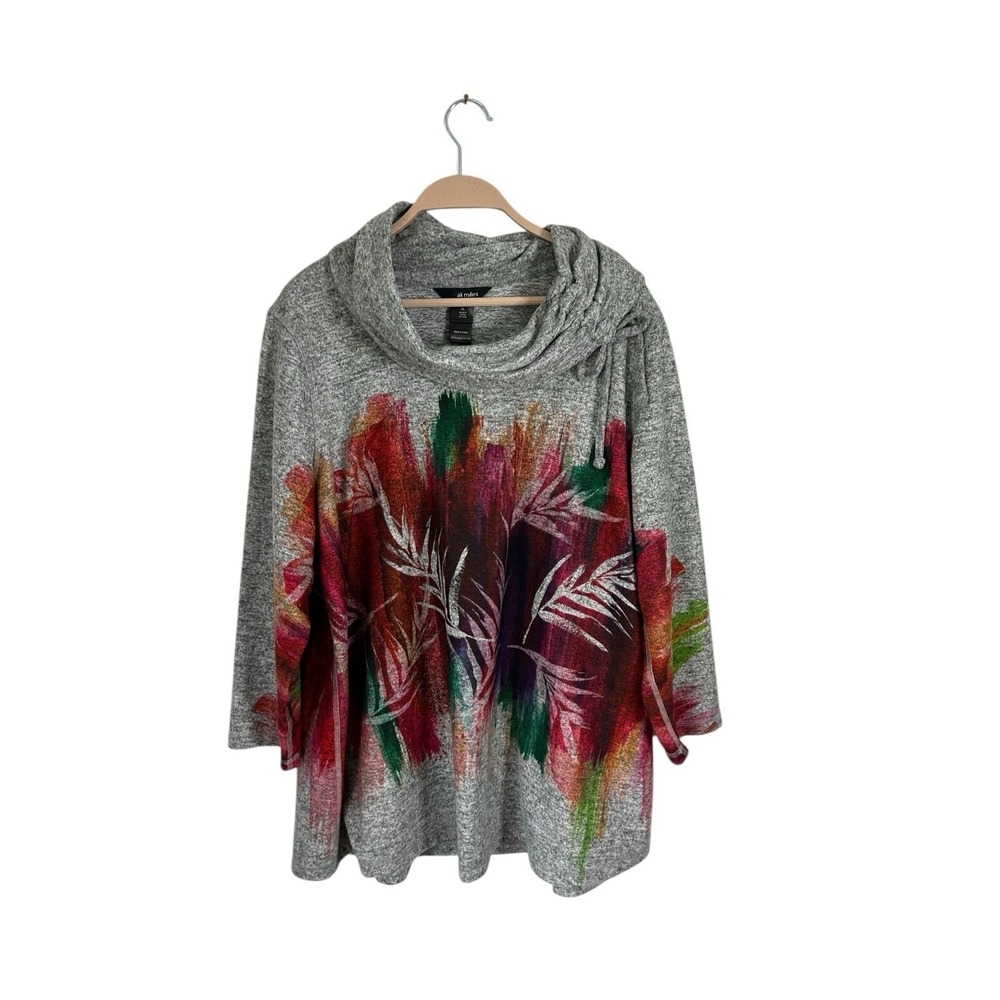 Ali Miles sz XL gray flower bold cowl neck  lagenlook womens
